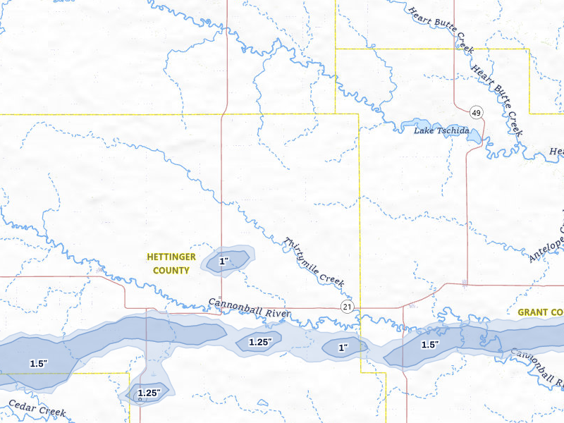 NEXRAD radar-signature map of the hail storm over Mott, ND on Aug 17, 2026