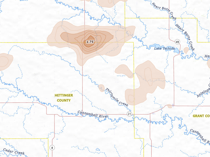 Radar-estimated hail-size map of the storm over Mott, ND on Aug 30, 2026