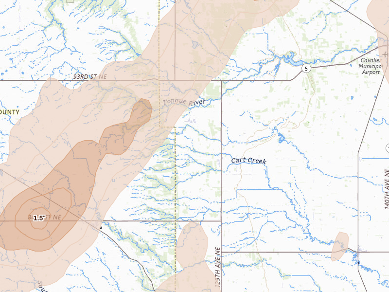 Radar-estimated hail-size map of the storm over Mountain, ND on Jun 2, 2026