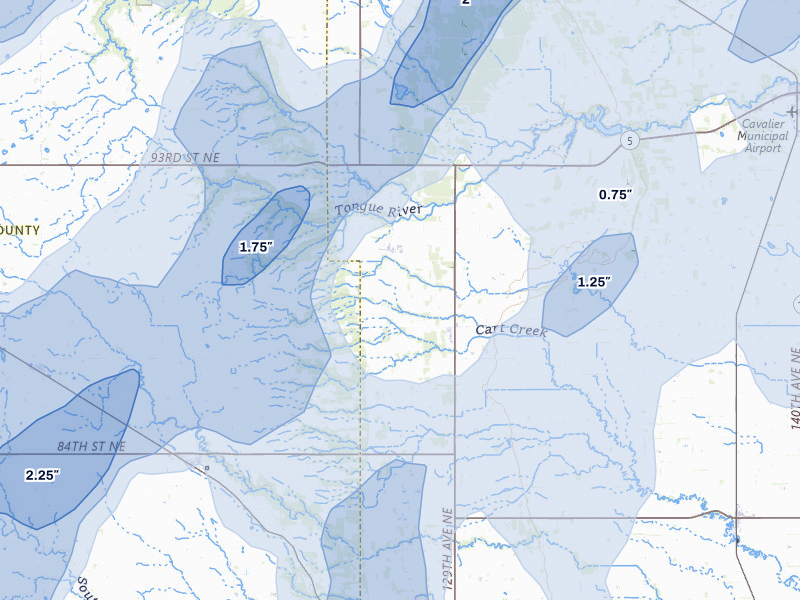 NEXRAD radar-signature map of the hail storm over Mountain, ND on Jun 2, 2026