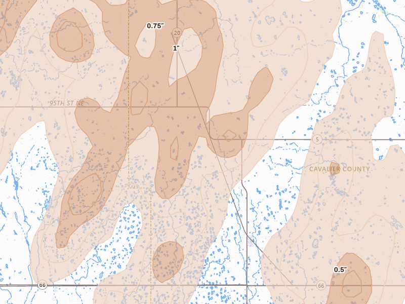 Radar-estimated hail-size map of the storm over Munich, ND on Jun 2, 2026