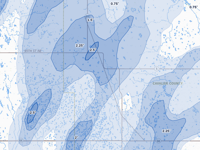 NEXRAD radar-signature map of the hail over Munich, ND