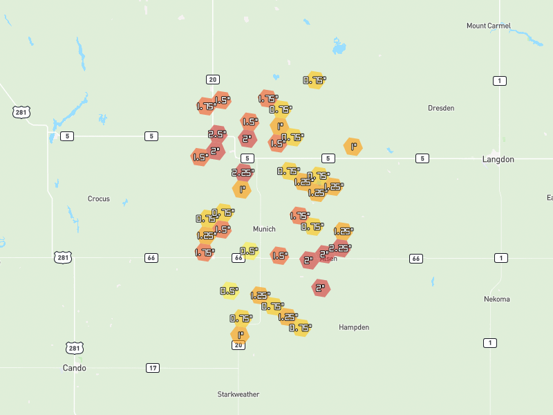 Hail map of Munich, ND on Jun 2, 2026, hail up to 2.5"