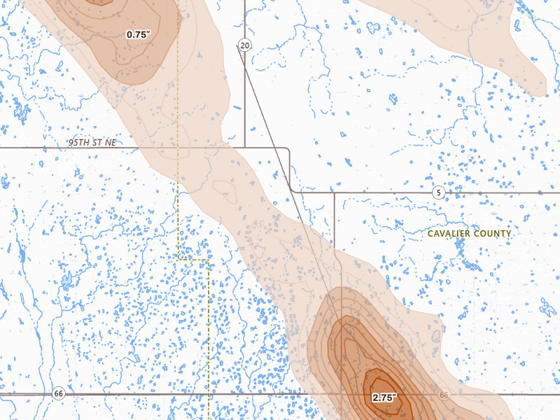 Radar-estimated hail-size map of the storm over Munich, ND on Jul 9, 2026