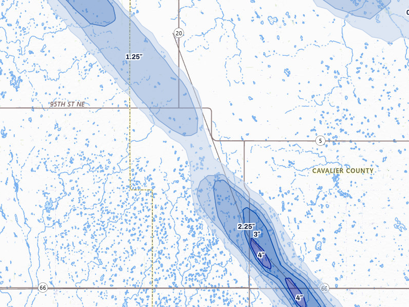 NEXRAD radar-signature map of the hail storm over Munich, ND on Jul 9, 2026