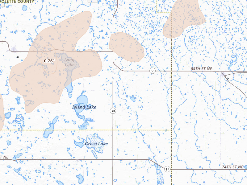 Radar-estimated hail-size map of the storm over Mylo, ND on Jun 28, 2026