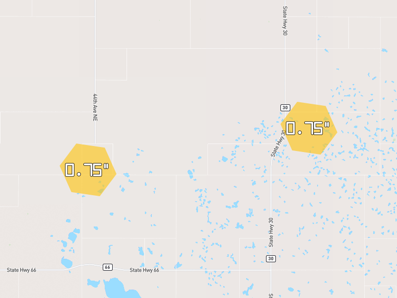 Hail map of Mylo, ND on Jun 28, 2026, hail up to 0.75"
