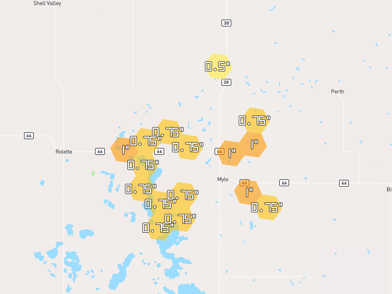 Hail map of Mylo, ND on Jun 29, 2026, hail up to 1"