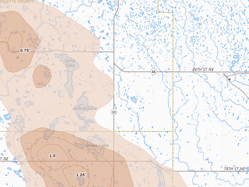 Radar-estimated hail-size map of the storm over Mylo, ND on Jul 16, 2026