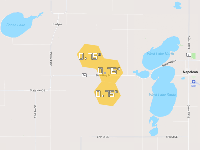Hail map of Napoleon, ND on Jun 1, 2026, hail up to 0.75"