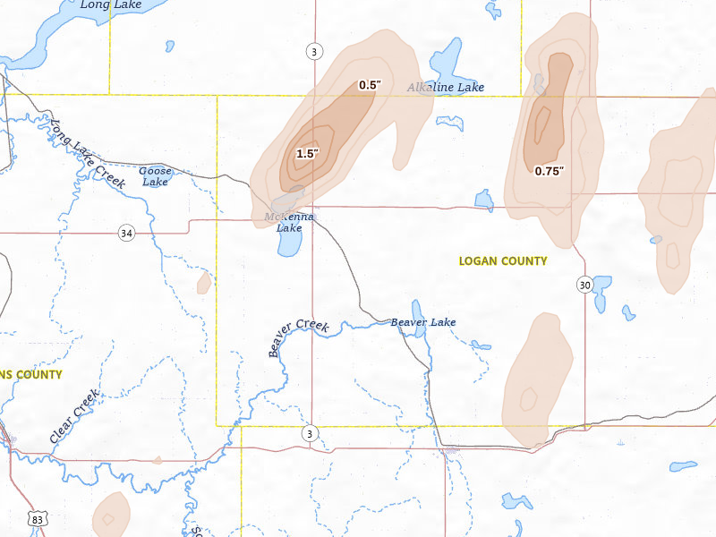 Radar-estimated hail-size map of the storm over Napoleon, ND on Jun 2, 2026