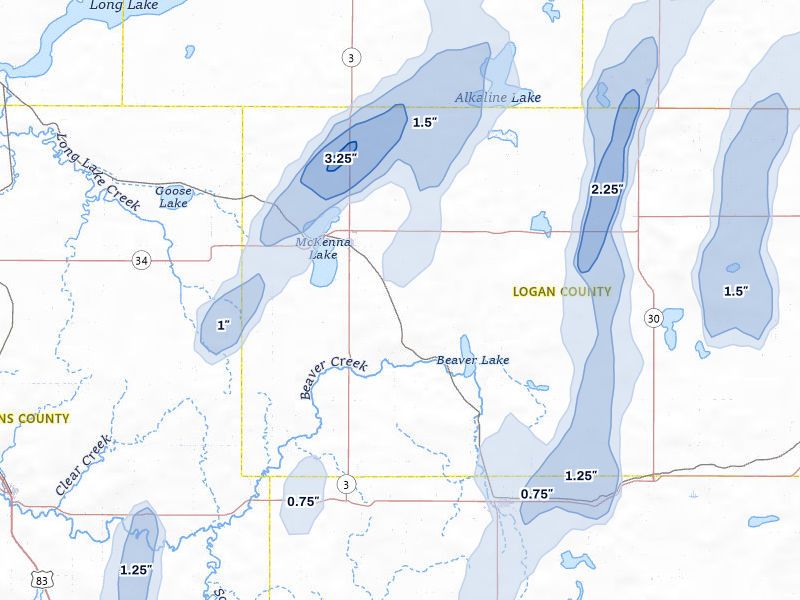 NEXRAD radar-signature map of the hail over Napoleon, ND