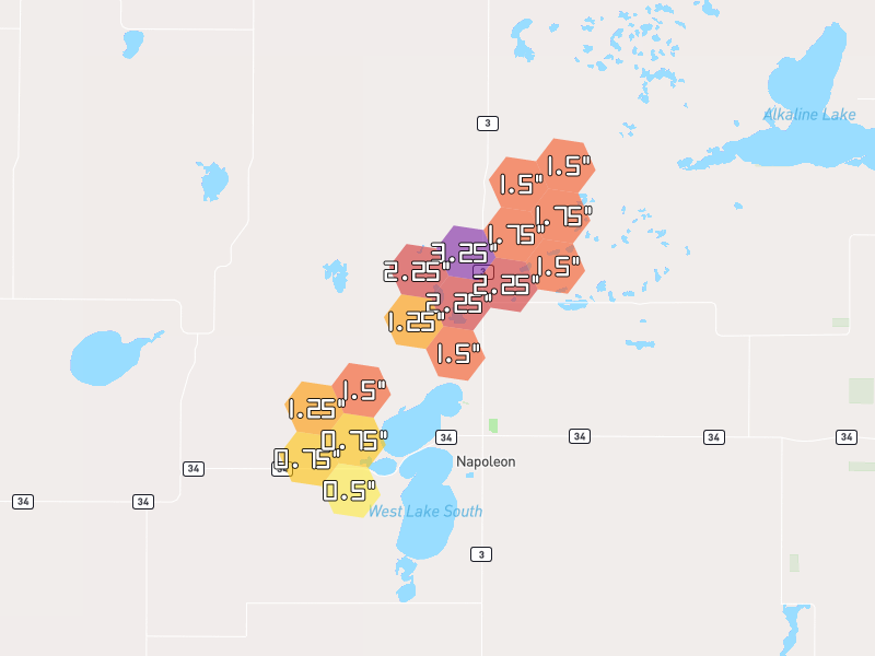 Hail map of Napoleon, ND on Jun 2, 2026, hail up to 3.25"