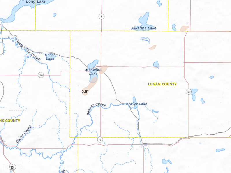 Radar-estimated hail-size map of the storm over Napoleon, ND on Jun 3, 2026