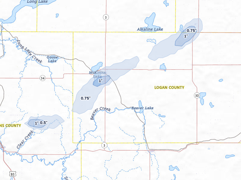 NEXRAD radar-signature map of the hail storm over Napoleon, ND on Jun 3, 2026