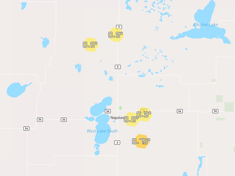Hail map of Napoleon, ND on Jun 28, 2026, hail up to 0.75"