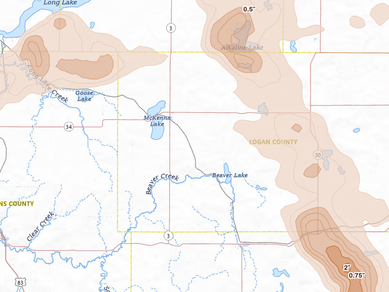 Radar-estimated hail-size map of the storm over Napoleon, ND on Jul 9, 2026