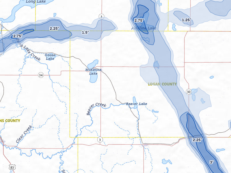 NEXRAD radar-signature map of the hail storm over Napoleon, ND on Jul 9, 2026