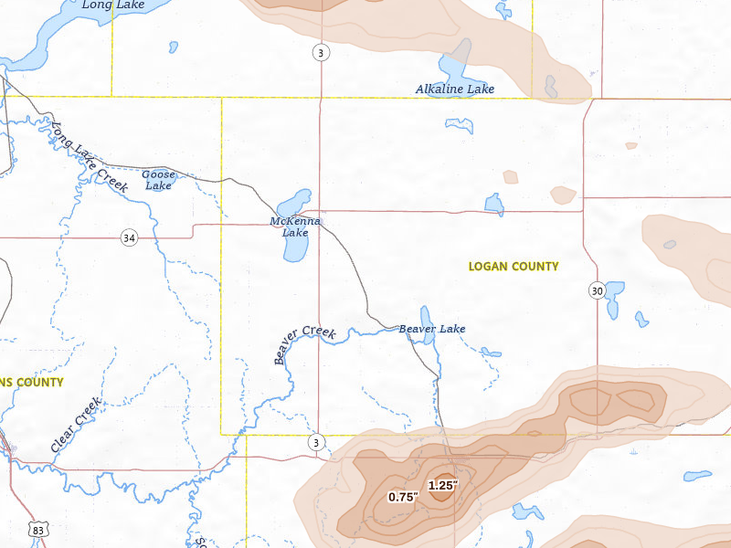 Radar-estimated hail-size map of the storm over Napoleon, ND on Jul 19, 2026