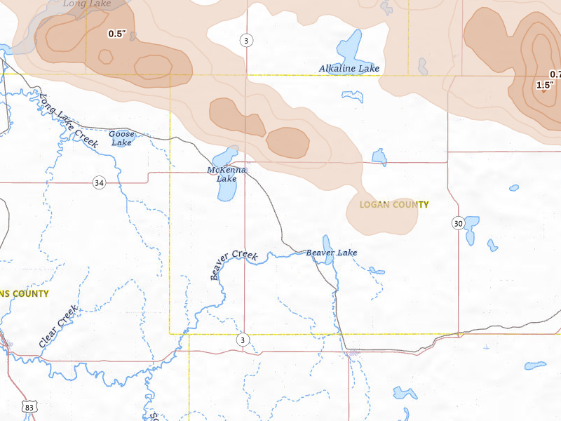 Radar-estimated hail-size map of the storm over Napoleon, ND on Jul 24, 2026