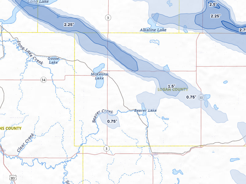 NEXRAD radar-signature map of the hail storm over Napoleon, ND on Jul 24, 2026