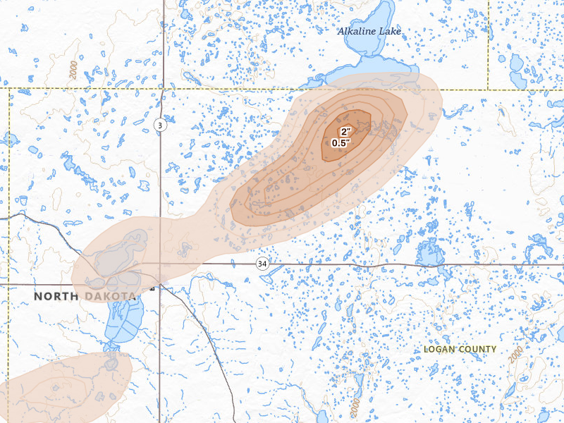 Radar-estimated hail-size map of the storm over Napoleon, ND on Aug 12, 2026