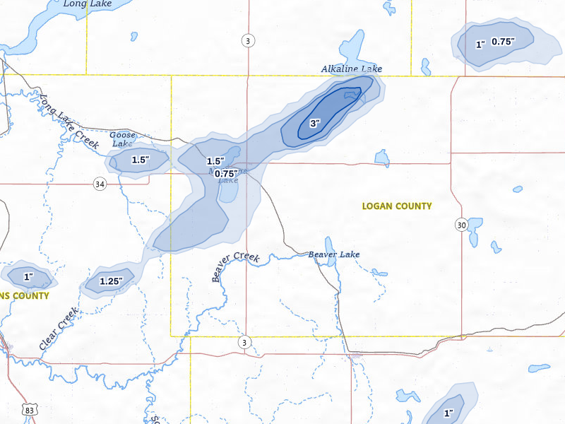 NEXRAD radar-signature map of the hail storm over Napoleon, ND on Aug 12, 2026