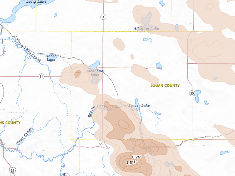 Radar-estimated hail-size map of the storm over Napoleon, ND on Aug 24, 2026