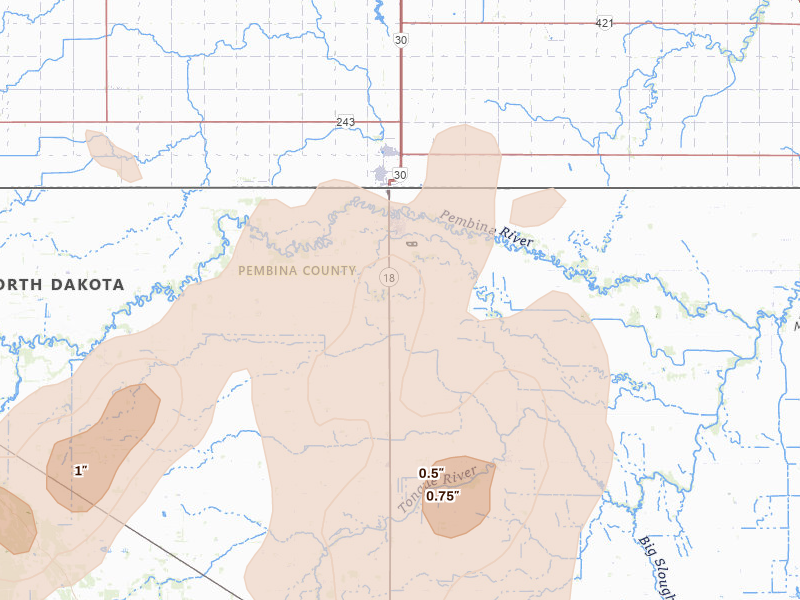 Radar-estimated hail-size map of the storm over Neche, ND on Jun 2, 2026