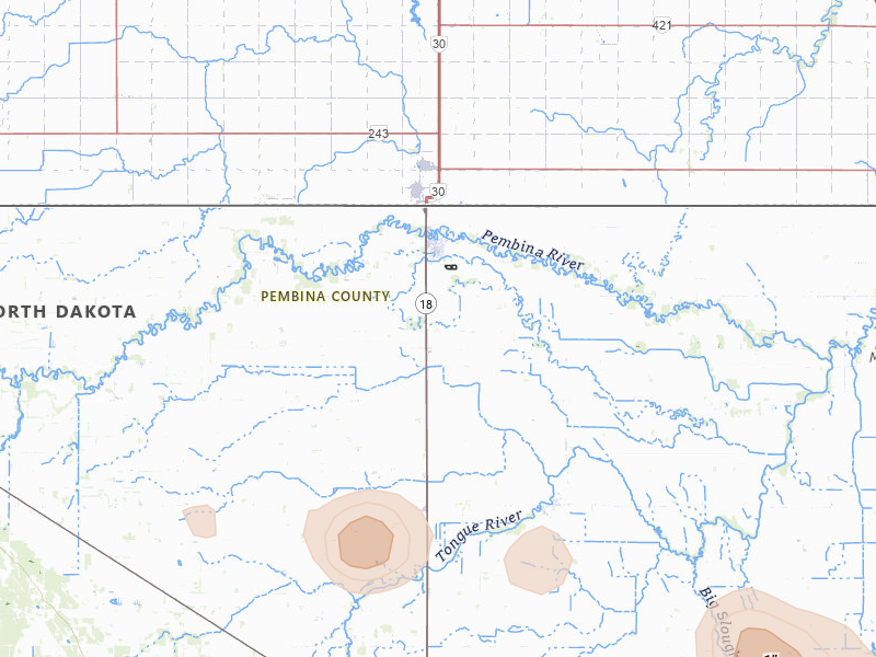 Radar-estimated hail-size map of the storm over Neche, ND on Jul 24, 2026