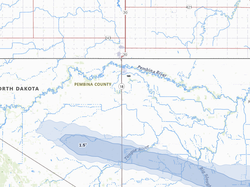 NEXRAD radar-signature map of the hail storm over Neche, ND on Jul 24, 2026