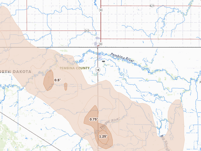 Radar-estimated hail-size map of the storm over Neche, ND on Jul 26, 2026