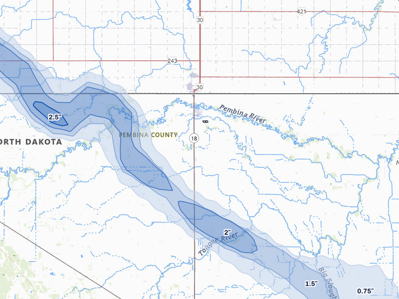 NEXRAD radar-signature map of the hail storm over Neche, ND on Jul 26, 2026