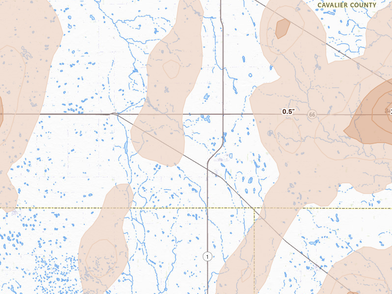 Radar-estimated hail-size map of the storm over Nekoma, ND on Jun 2, 2026