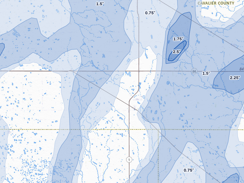 NEXRAD radar-signature map of the hail storm over Nekoma, ND on Jun 2, 2026