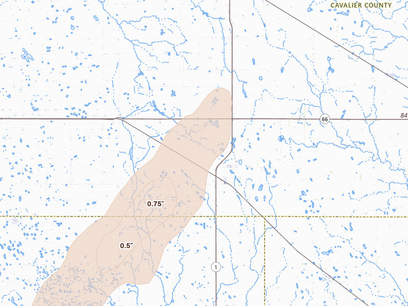 Radar-estimated hail-size map of the storm over Nekoma, ND on Jun 29, 2026