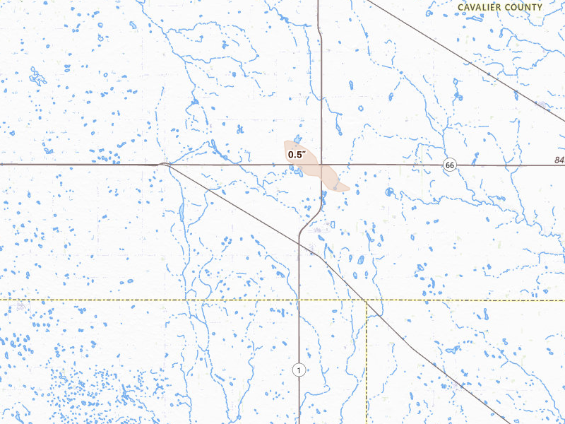Radar-estimated hail-size map of the storm over Nekoma, ND on Jul 19, 2026