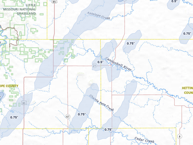 NEXRAD radar-signature map of the hail over New England, ND