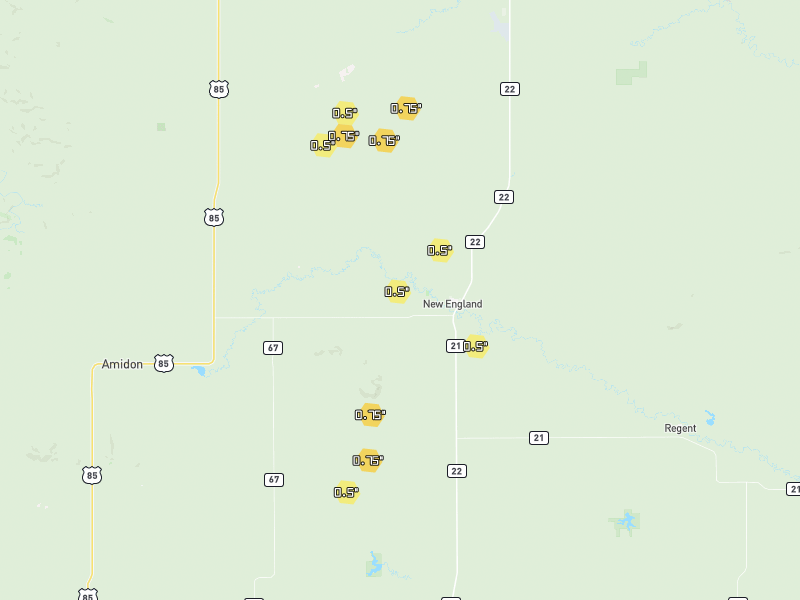 Hail map of New England, ND on Jun 2, 2026, hail up to 0.75"