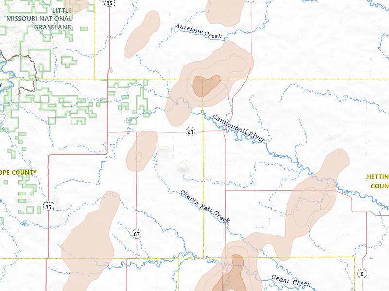 Radar-estimated hail-size map of the storm over New England, ND on Jun 7, 2026