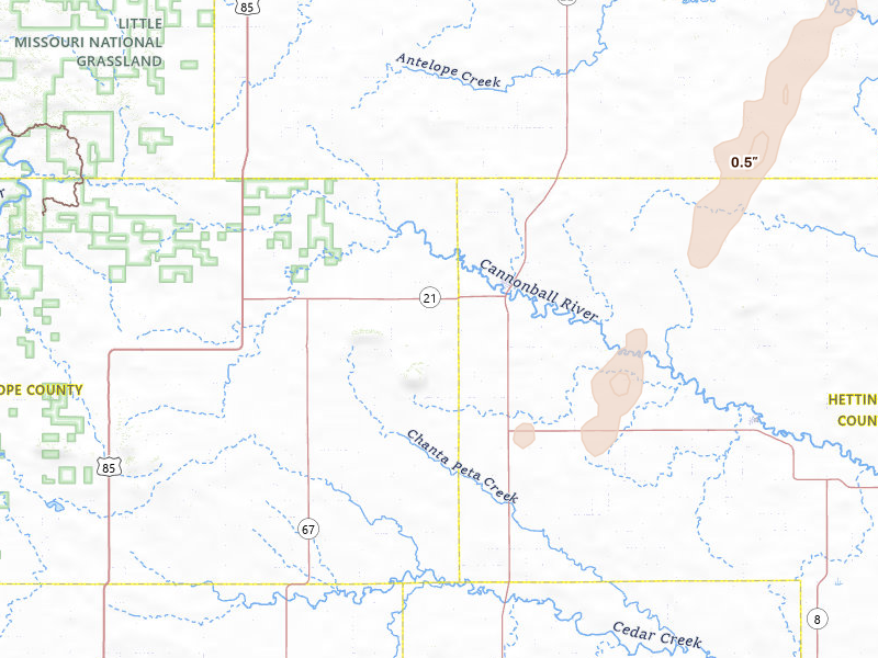 Radar-estimated hail-size map of the storm over New England, ND on Jun 9, 2026