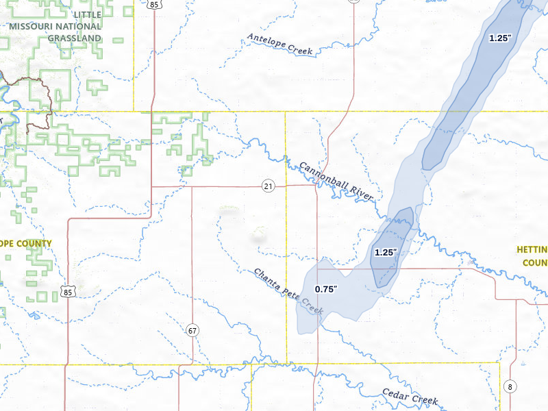 NEXRAD radar-signature map of the hail storm over New England, ND on Jun 9, 2026