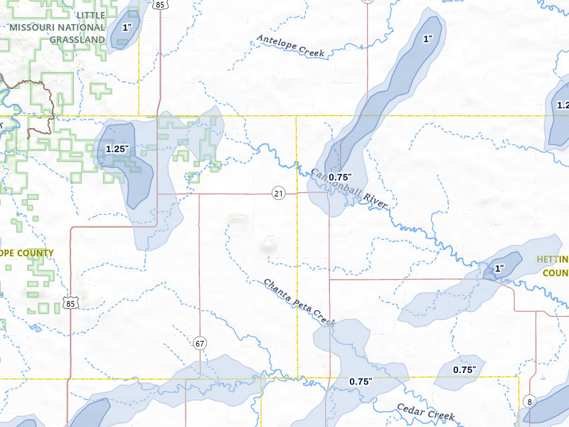 NEXRAD radar-signature map of the hail storm over New England, ND on Jun 27, 2026