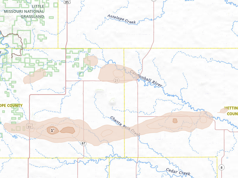 Radar-estimated hail-size map of the storm over New England, ND on Jun 29, 2026