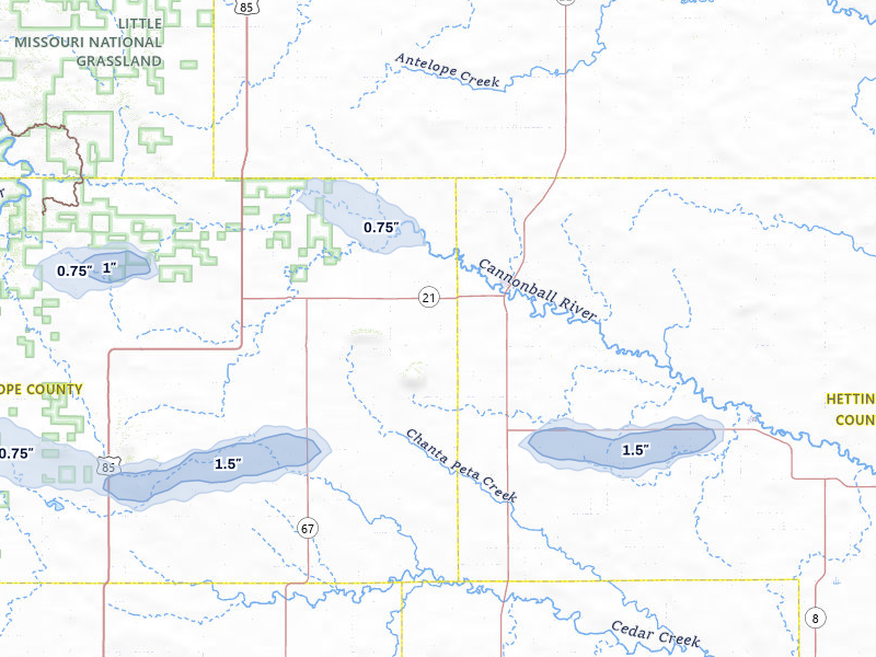 NEXRAD radar-signature map of the hail storm over New England, ND on Jun 29, 2026