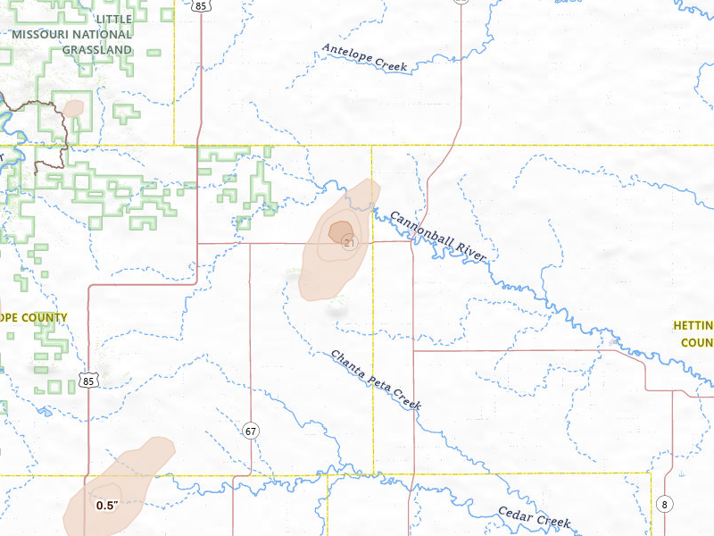 Radar-estimated hail-size map of the storm over New England, ND on Jul 2, 2026