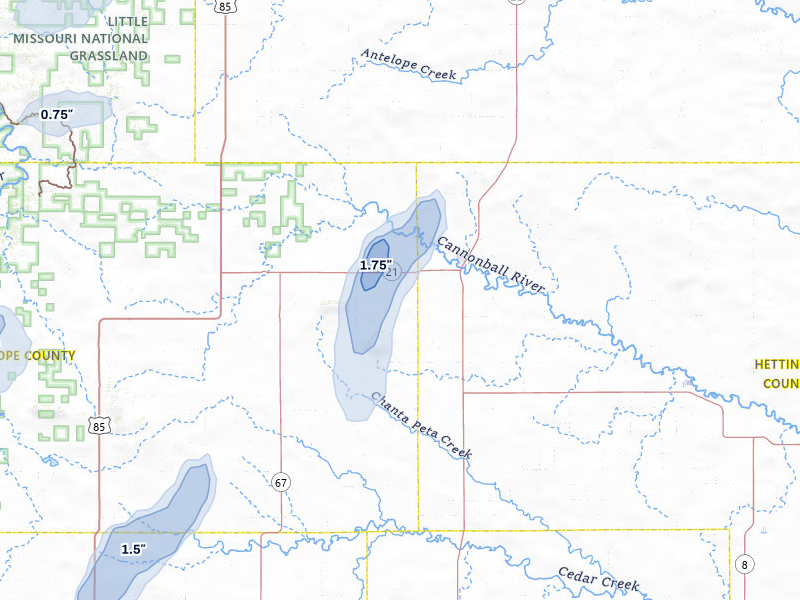 NEXRAD radar-signature map of the hail over New England, ND