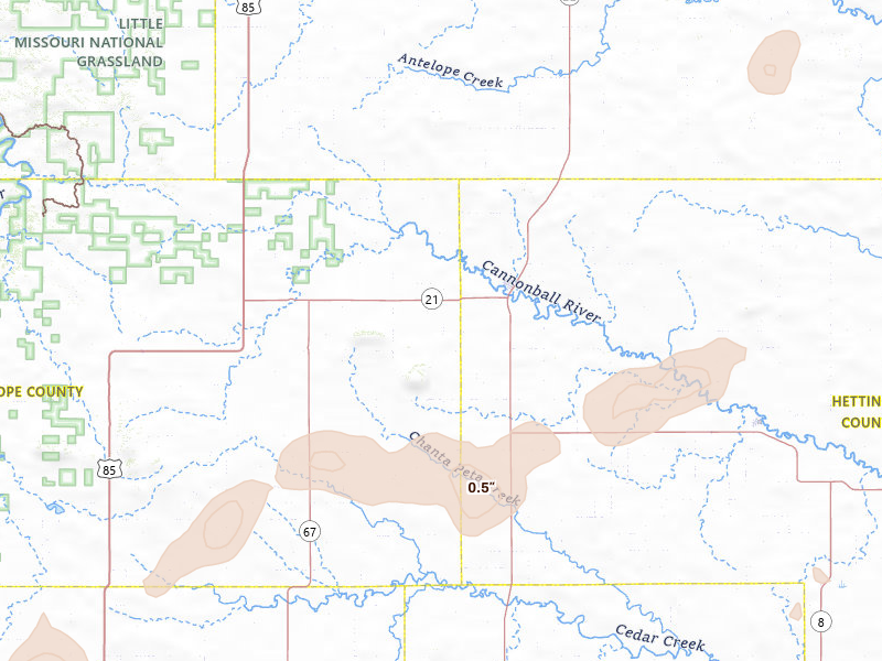 Radar-estimated hail-size map of the storm over New England, ND on Jul 6, 2026