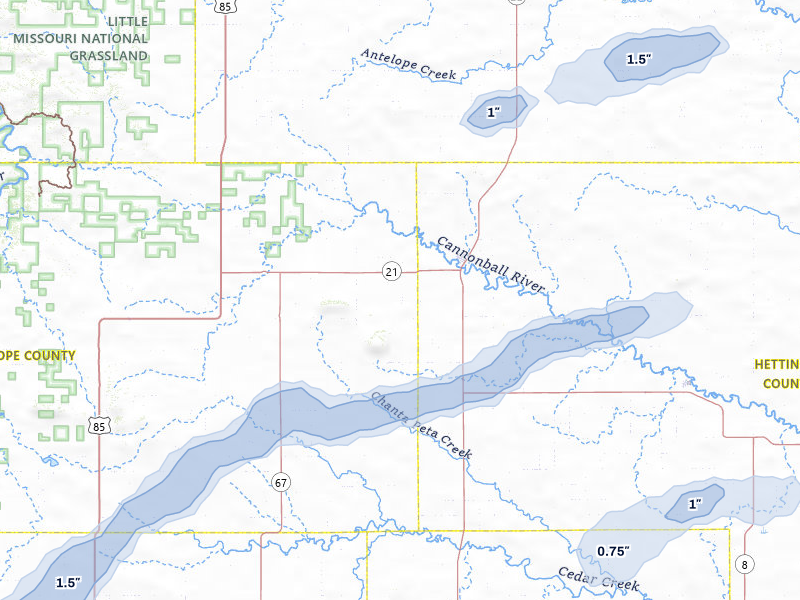 NEXRAD radar-signature map of the hail storm over New England, ND on Jul 6, 2026