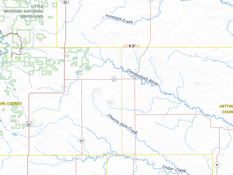 Radar-estimated hail-size map of the storm over New England, ND on Jul 17, 2026